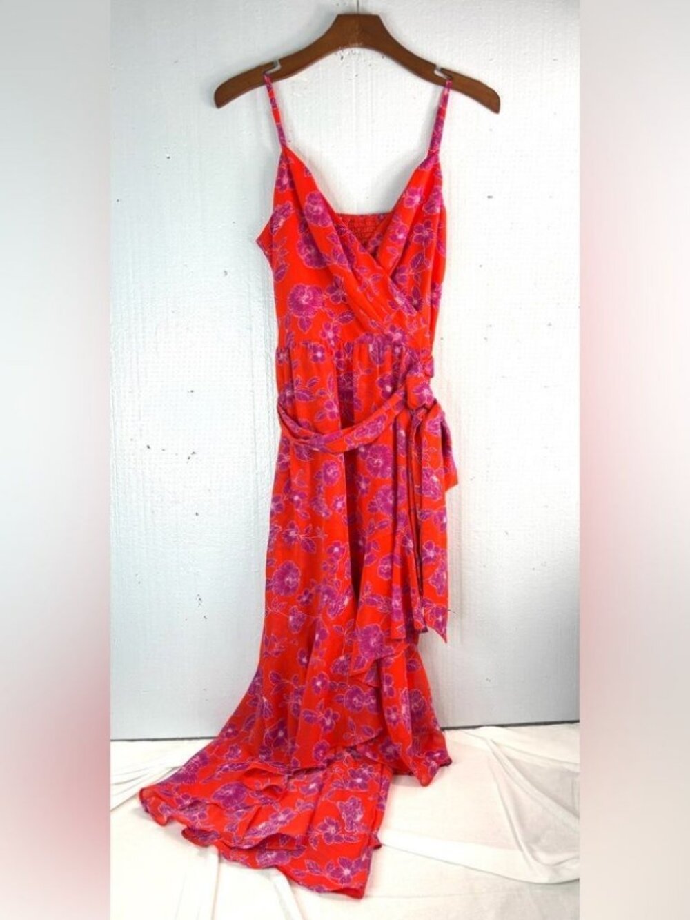 Eliza J 12 Summer HOT Ruffle Midi Orange Red and Purple Aloha Floral Midi Dress